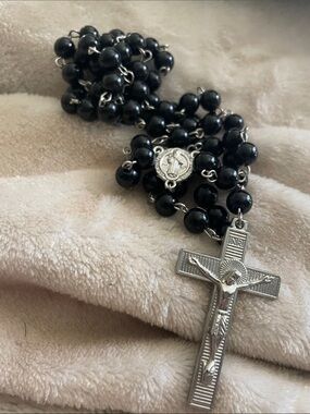 Black Beaded Rosary Necklace with Silver Crucifix